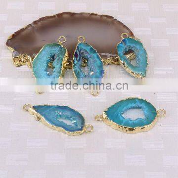 Titanium AB Blue Agate Slice Beads, Gold plated Agate Geode Gem stone Connector Druzy Beads For Jewelry Making