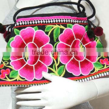 vtg HIPPIE BOHO thai pom pom handmade embroidery floral Pouch hmong hill tribe bag string bag messanger crossbody Trapezoid