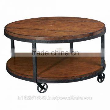 Industrial metal wood Round Coffee Table,industrial coffee table on small wheels