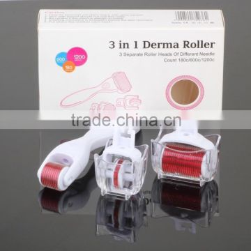 3 in 1 Derma Roller with 3 Separate Roller Heads of Different Needle Count 180c/600c/1200c for eye+face+body