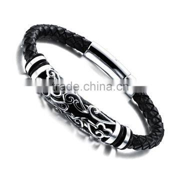 Fashion Mens Jewelry Customrized Logo Stainless Steel Beads Leather Bracelet