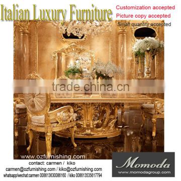 momoda New Arrival Luxury Golden Dining Table with beige Velvet Chairs, Royal Elegant Dining Room Set