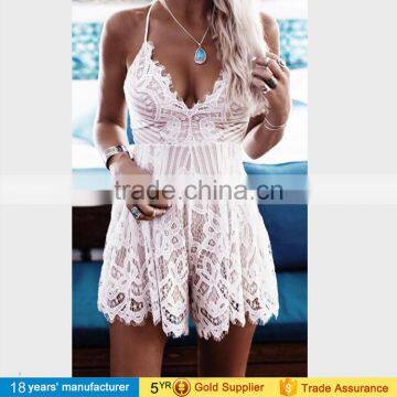 Sexy deep V neck sleeveless Spaghetti Strap backless woman's fashion 2017 boho beach white lace short jumpsuit