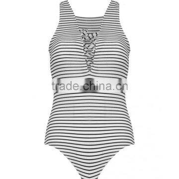 2016 New Fashion Lace Up Front Sleeveless Bodysuits Young Girl Black White Stripe Women Tops photo-2
