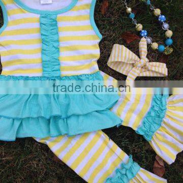 2016 New Hot Girls Yellow Strips Blue Capri Set Outfits With Matching Necklace and Headband photo-2