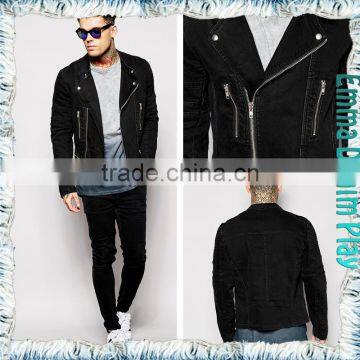 2015 New Man's Zipper Closure Full Sleeves Black Cotton Tight Fit Denim Jackets
