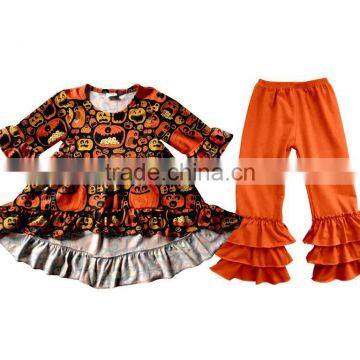 New Wholesale Girls Boutique Outfits 2017 Kids Halloween Clothing Design Pumpkin Appliqued Baby Clothing China photo-3