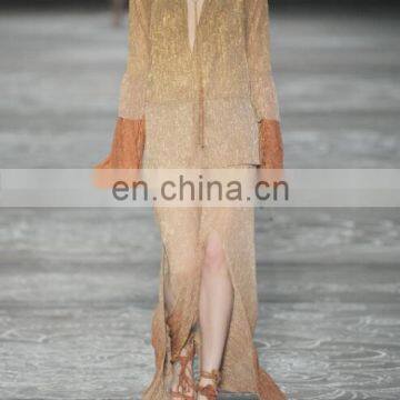 2017 Newest Design Brand Contrast V NECK HIGH SLIT LONG SLEEVE GOLD RUNWAY MAXI DRESS