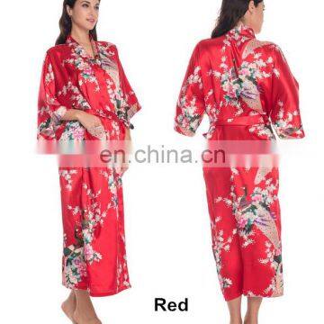 Women's Peacock Print Half Sleeve Silk Kimono Bridesmaid Long Robe Nightgown photo-5