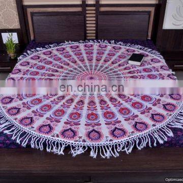 Indian White Mandala Wall Hanging Indian Tapestries With Tassel Lace Throw 72" Round Bohemian Bedspread Bed Throw