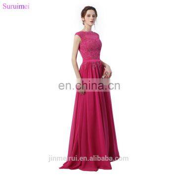 Rose Red Bridesmaid Dresses Lace Applique With Cap Sleeves High Neck Floor Length Chiffon Long Brides Maid Dress Vestidos De photo-4
