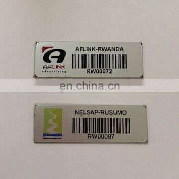 Strong adhesive metal asset tag with barcode