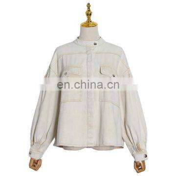 TWOTWINSTYLE Coat For Women Stand Collar Lantern Sleeve Ruched Large Size Loose Casual photo-2