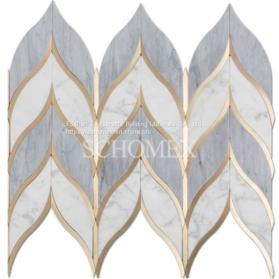 Leaf Shape Water jet Italy Statuario Mixed Grey Marble and Brass Gold Mosaic Tile Waterjet Mosaic Tile