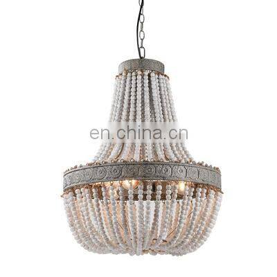 American Antique Distressed White Living Room Wooden Bead Building Restaurant Chandelier Lamp