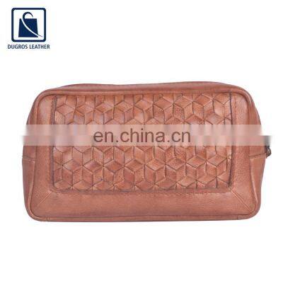 2022 Hot Sale Custom Logo Vintage Style Swiss Cotton Material Genuine Leather Makeup Zipper Pouch for Travel photo-4