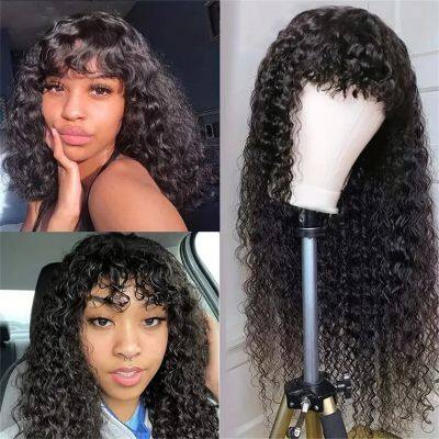 Glueless Water Wave With Bang Human Hair Wigs For Black Women Full Machine Made Ready To Wear Water Wave Bob Wigs With Bangs Pelucas