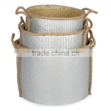 High quality best selling eco-friendly 3 Piece Woven Seagrass Storage Basket Set with rope Handles - Silver from Vietnam