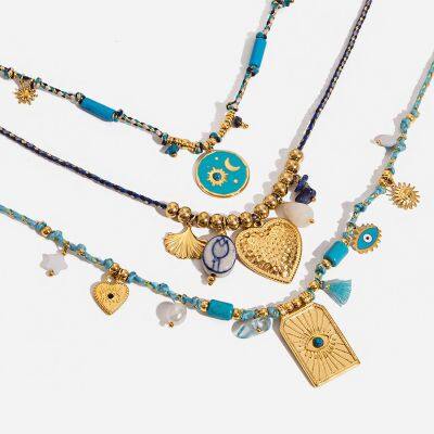 Custom Green Rhinestone Round Stainless Steel Necklace With 18K Gold Plated Alloy