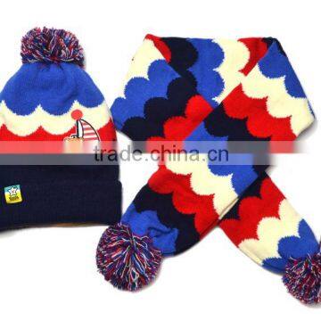 Fashion Brand New Sailing Boat Applique Knitted Pom Pom Children Wool Hat and Scarf photo-2