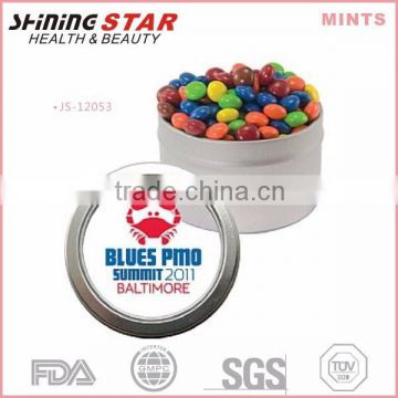 JS-12053 colorful breath fresh 50pcs sweet peppermints in window tin for promotional activity