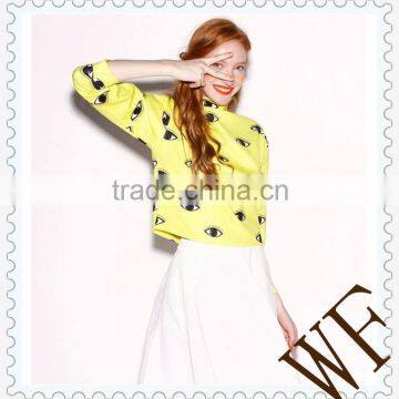 2014 alibaba China OEM service Europe printed eyes anti-shrink long sleeve yellow hoodie for girls