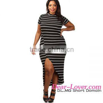 Plus Size Black White Stripe High Slit Maxi latest net dress designs