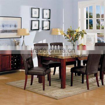 Wooden Circle Marble Dining Table Set with black leather chair