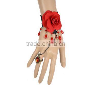 Charm Women Big Red Rose Flower Black Lace Bracelet Ruby Tassel Ring                        
                                                Quality Choice