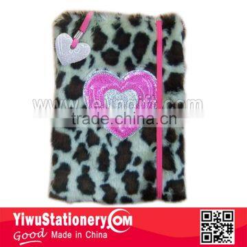 Leopard Plush Cover Heart Embroidered Notebook with Elastic Bands Enclosure