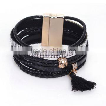 New Tassel Crystal Leather Bangle Fashion Rhinestone Wrap Leather Bracelet Multilayer Bangles photo-3