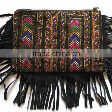 Fashionable Women's vintage banjara clutch purse with leather fringes hand embroidered