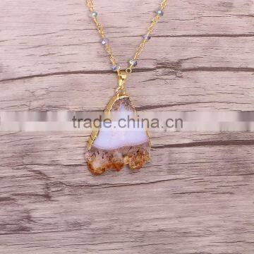 Natural Topaz Quartz Druzy Gem Stone Pendant, Gold Plated Edged Fan-shaped Topaz Pendant