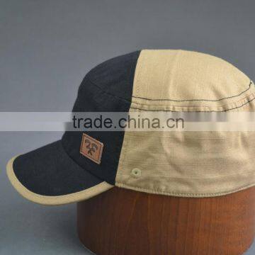 100% Cotton Canvas Army Cap With Embossed pu Leather photo-3