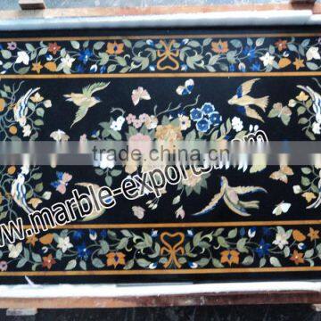 Natural Black Marble Inlaid Coffee Table Tops, Pietre Dure Marble Coffee Table Tops