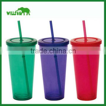 Custom Acrylic Double Wall Insulated Tumbler with Straw - 16 Oz. , Plastic Drinking Mug With Sipping Straw