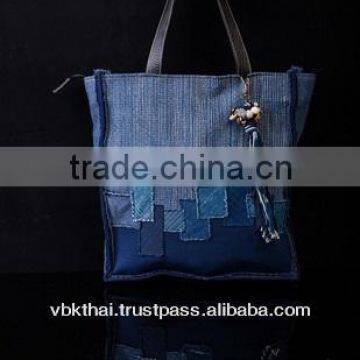 INDIGO DYED COTTON AND NATURAL BROWN COTTON HAND BAG WITH LEATHER SHOULDER-STRAP FROM THAILAND