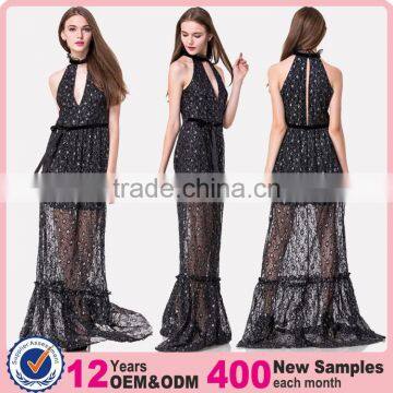 Free Sample Woman Casual Wholesale Long One Piece Maxi Fashion Black Lace and Sequin Evening Dress with Silver Threads