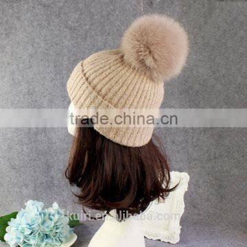 High Quality 15cm Fox Fur Real Sheep Wool Knit Beanie Hat With Fox Fur Ball photo-6