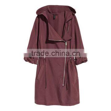 Hooded Parka Diagonal Zip Drawstring Waist Womens Long Warm Jackets photo-4