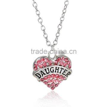 New Fashion Silver Tone " DAUGHTER " Carved Heart Pendant Pink Rhinestone Link Cable Chain Necklace