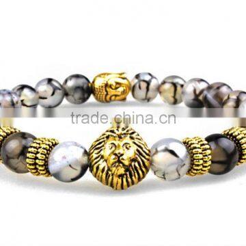 8mm Dragon Veins Agate Beads Gold Lion head Energy Bracelet