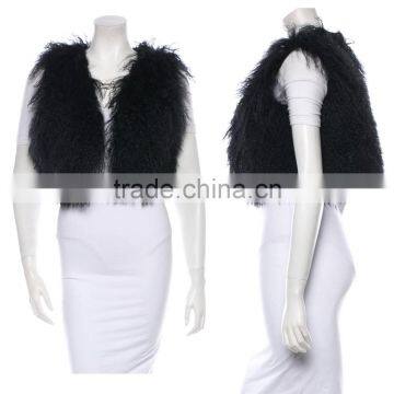 SJ209-01 SANDRAFUR High Quality Whole Skin Mongolian Tan Sheep Fur Vest Short Length Vest Long Fur