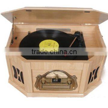Record Player Retro Vinyl Turntable Real Wood Stereo System, AM/FM Radio, CD, USB for MP3, Vinyl-to-MP3 Recording, Headphone Jac