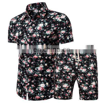 Wholesale custom summer men's Hawaiian shirt suit floral shirt + shorts suit beach casual short-sleeved 2-piece set