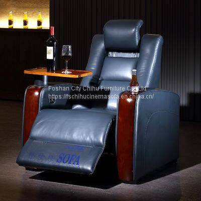 Modern Style Real Leather Home Theater OKIN Motor Cinema Recliner Sofa With Power Headrest and Oak Tray Table photo-3