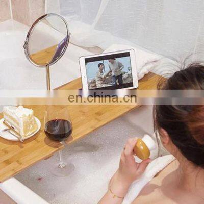 Multi-Function Luxury Design Tablet PC Stand Extendable Natural Bamboo Bathtub Caddy Tray photo-4