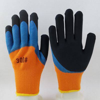 Thicked Polyester Knitted Blue and Black Foamed Latex Palm and Fingers Double Coated Safety Work Gloves photo-2