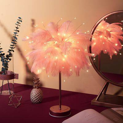 Led Creative Feather Table Lamp with Remote Control Indoor Decor Gift Festival Desk Lamp Tree Night Lights for Holiday Lighting
