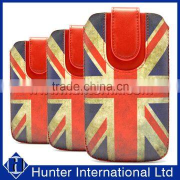UK Flag Design Genuine Leather Flap Universal Pull Up Pouch